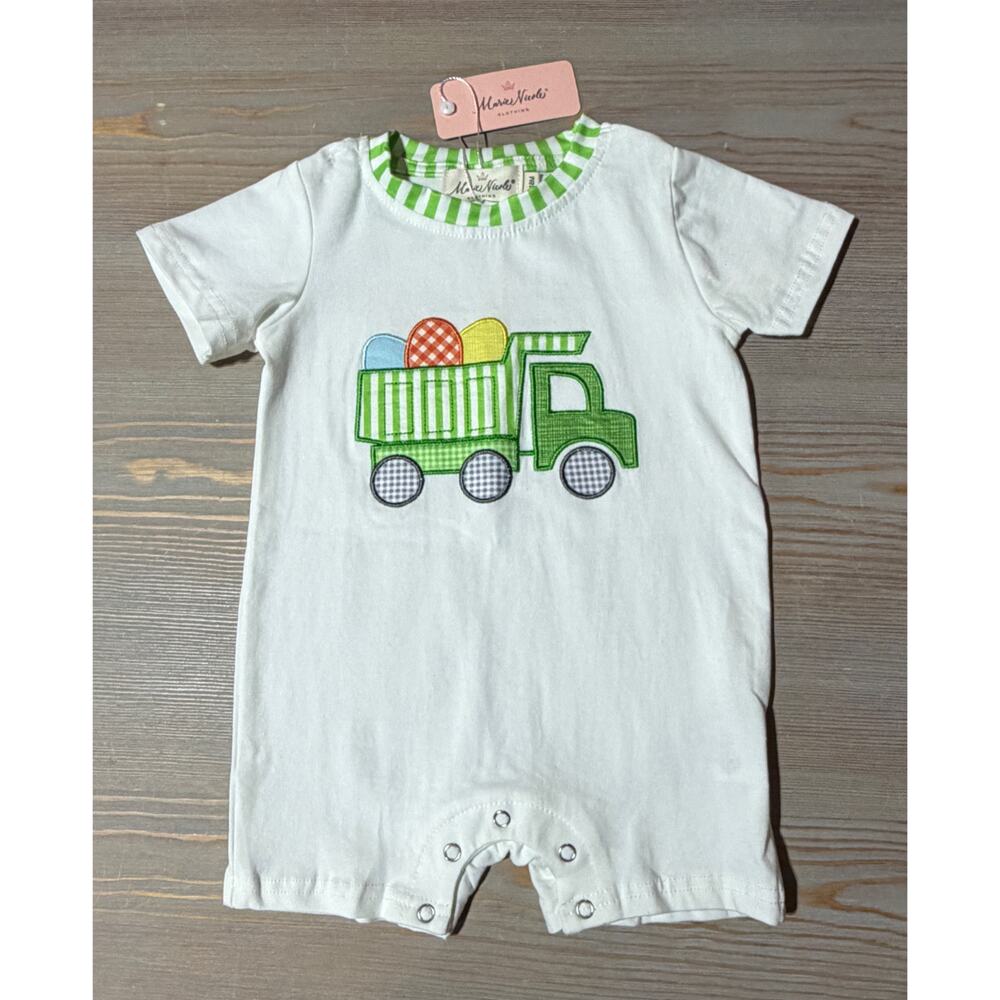 NEW Marie Nicole "Green Striped Easter Egg Truck" Johnny Romper (Size 12-18M)